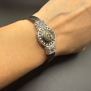 Black Leather Bracelet with Silver Tone Snap Interchangeable Ornate Design